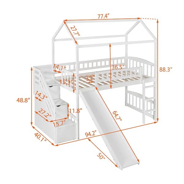 Twin House Loft Bed with Two Drawers and Slide, White