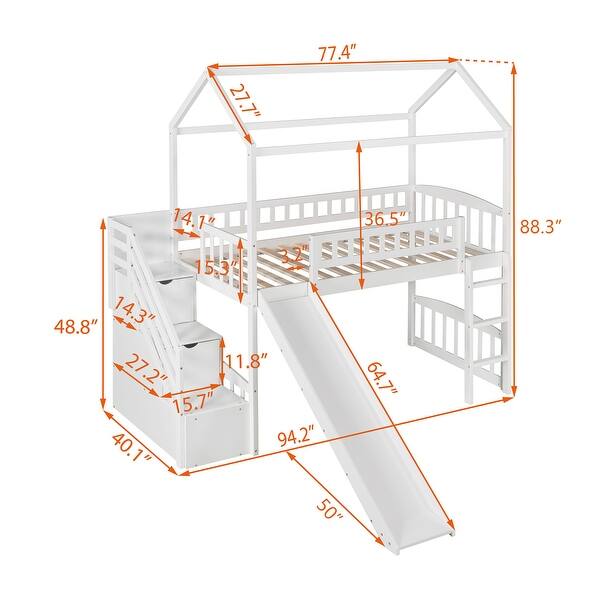 dimension image slide 1 of 2, Twin Size Loft Bed with House Roof, Storage Steps, Slide, Ladder and Guardrails, Stairway Platform Bed for Kids Boys Girls