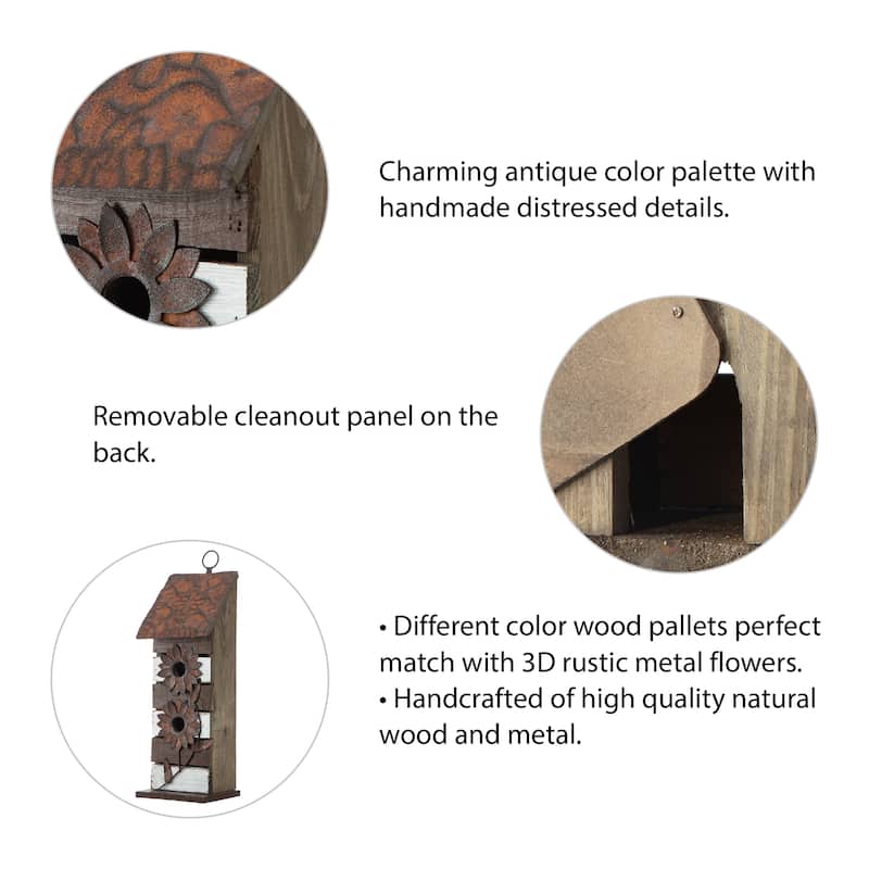 Glitzhome 14.5"H Two-Tiered Distressed Solid Wood Cottage Birdhouse with Flowers - 14.5"