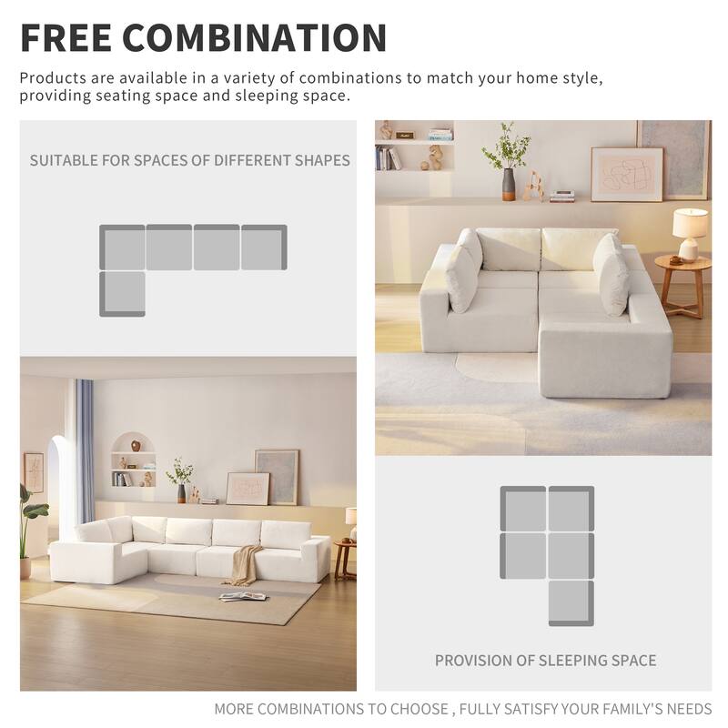 147" Modular Sofa, No Assembly, Free Combo, L-Shaped, Cloud Upholstered, Beige Fabric for Living & Bedroom