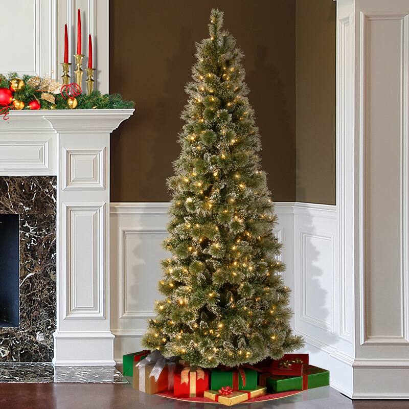 National Tree Company 7.5 ft. Glittery Bristle Pine Slim Hinged Tree with 600 LED Lights - 7.5 Foot