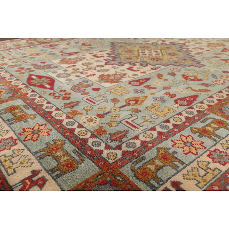 Tribal Green Geometric Heriz Serapi Area Rug Hand-Knotted Wool Carpet - 7'11"x 9'10"