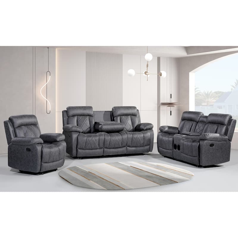3PC Soft Microfiber Manual Reclining Chair, Bluetooth Speaker, Type-C and USB Charger, Recliner - Grey