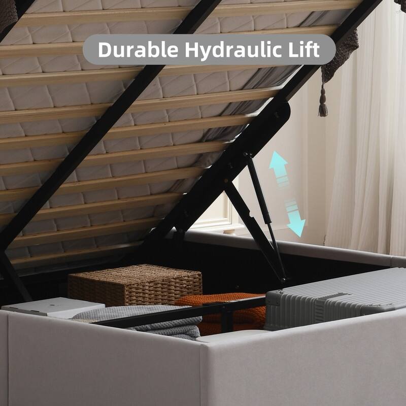 Plywood Frame Upholstered Platform Bed with Lift-up Storage Supported by Metal and Wooden Slats