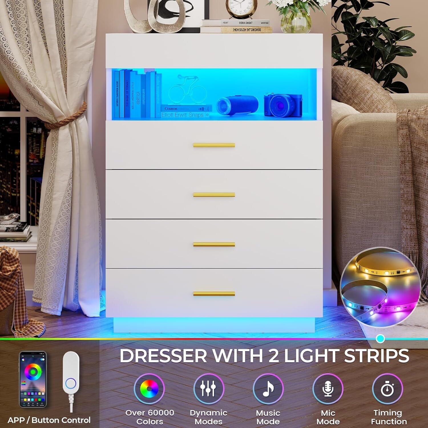 Dresser LED Lights Floating Tall Dresser 4 Large Drawers Open Storage -  Overstock - 40124776