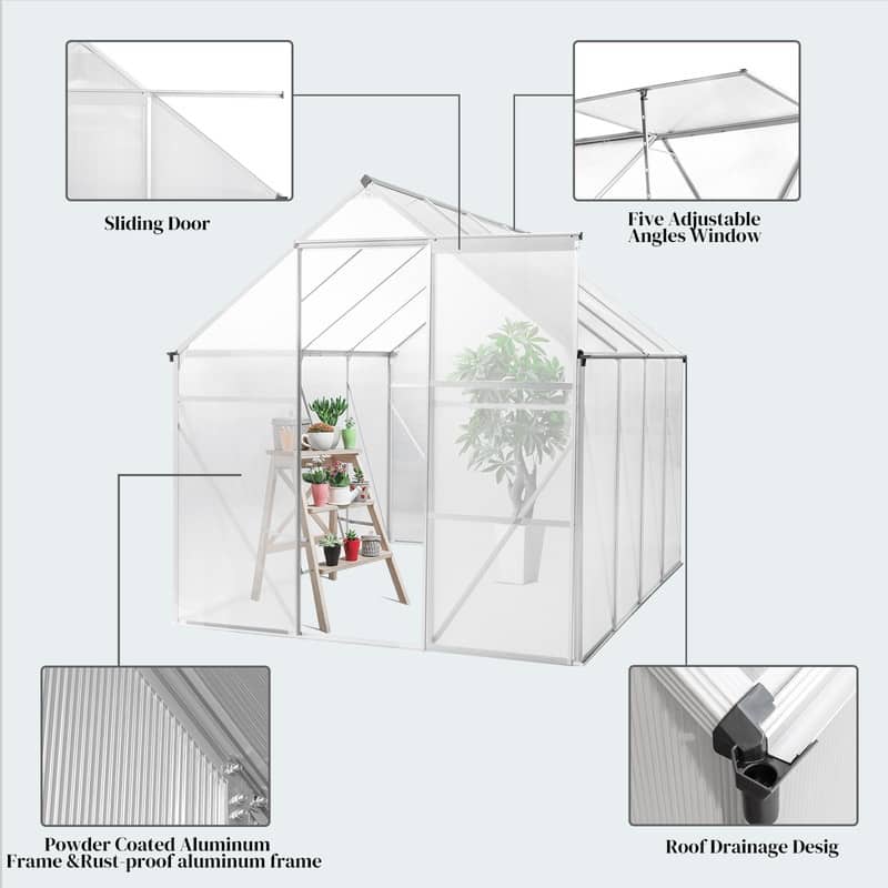 8x6 FT Walk-in Greenhouse With Sliding Door and Vent Window Grey Frame