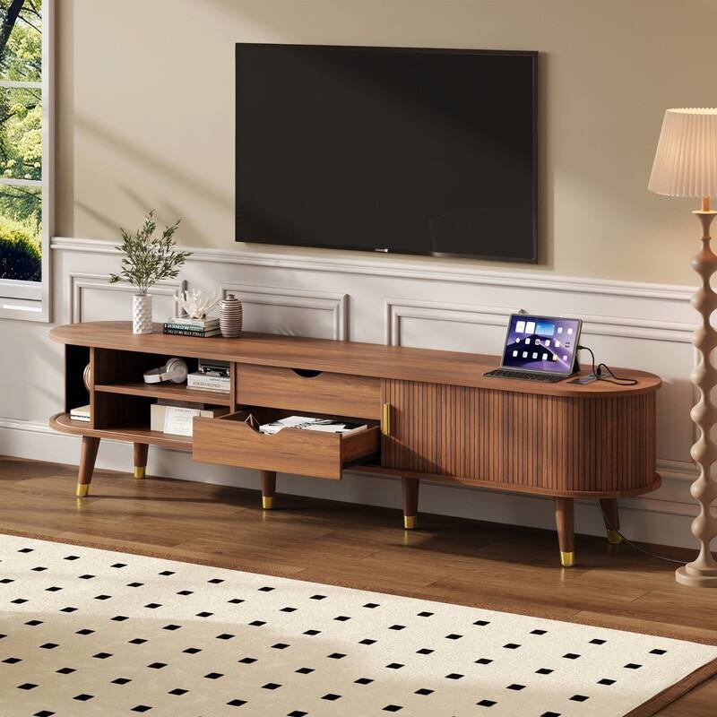 Mid-Century Modern Fluted TV Stand with Charging Station and Ample Storage for TVs Up to 80"