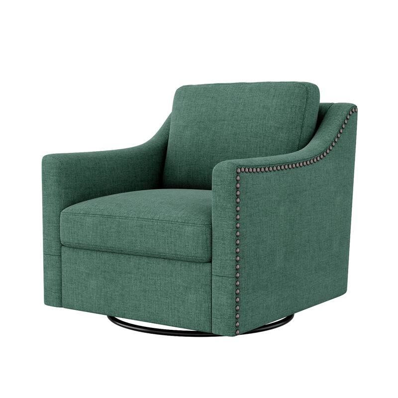 Cotton Linen Swivel Armchair with 360° Rotating Chair and Brass Nail Trim（300lb Capacity）