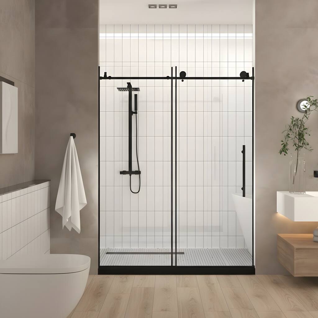 Frameless shower door, clear tempered glass, safety film, stainless steel handle