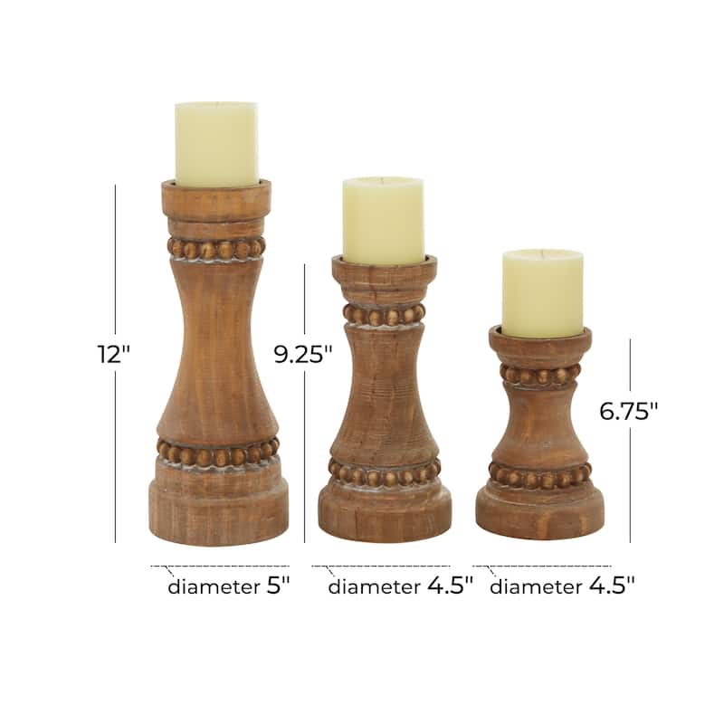 Wood Beaded Pillar Candle Holder - Set of 3 Brown - Roche River Decor