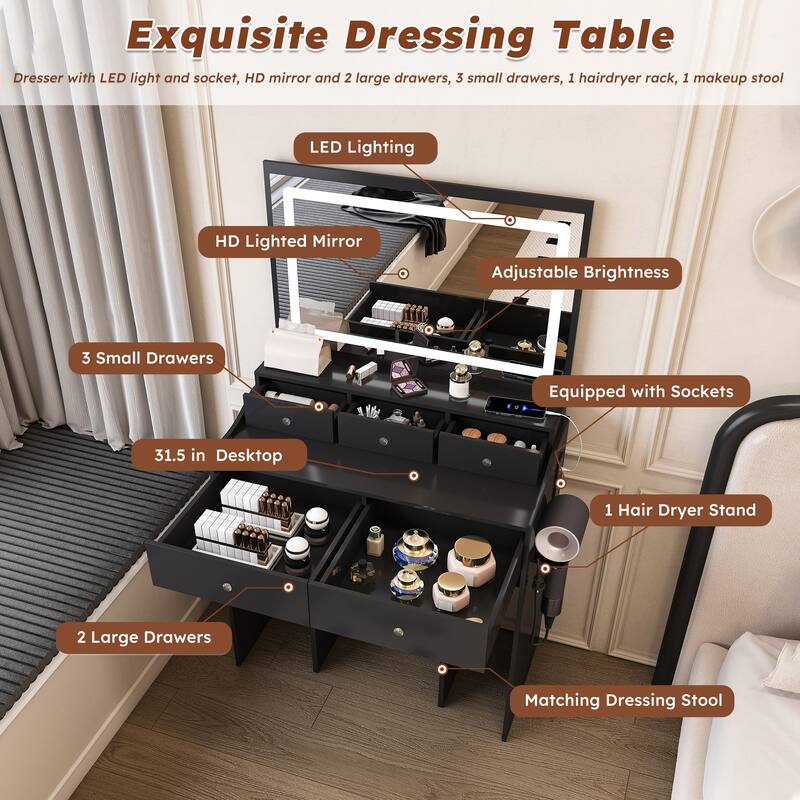 Large Mirror Vanity Desk for Bedroom, Modern Makeup Vanity with Power Outlet and Hair Dryer Holder, Dressing Table & Stool Set