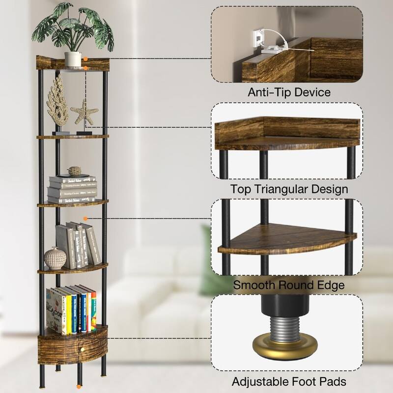5 Tier Corner Shelf with Drawer Storage - 15.75"D x 11"W x 65.33"H