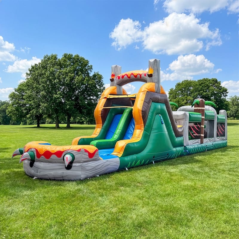 HeroKiddo T-Rex Adventure 42' Inflatable Obstacle Course with Water Slide - Commercial Grade, Wet & Dry Play (Blowers Included)