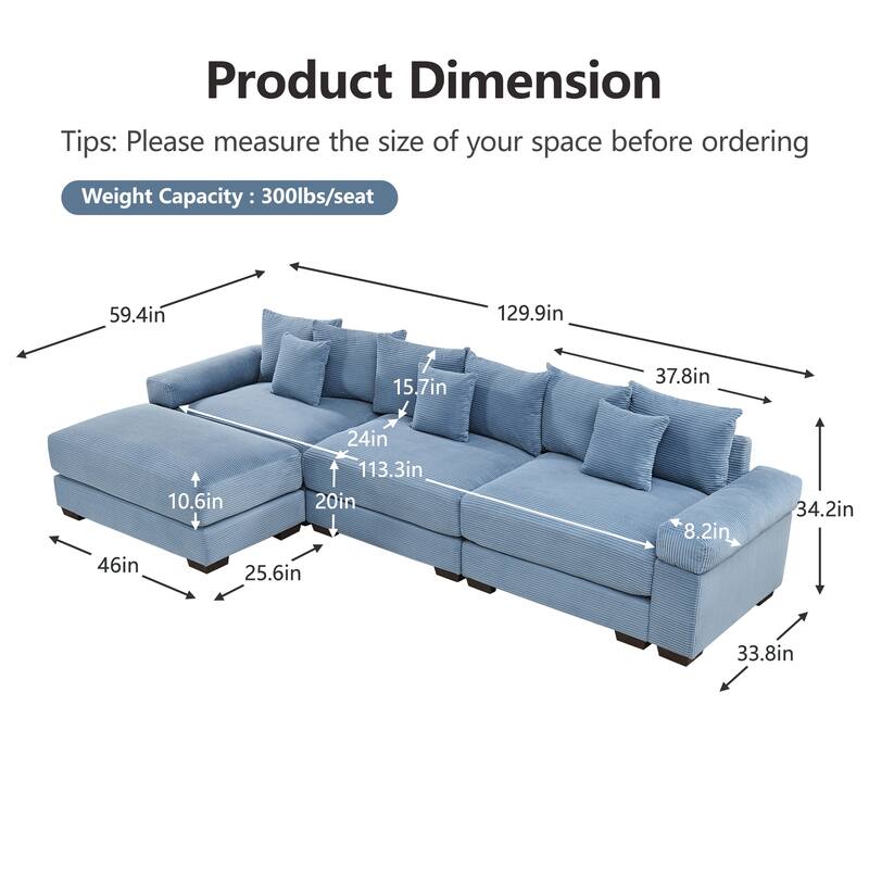 Roomfitters 130 Inch Modular Sectional Couch, Oversized Corduroy 3-Seater with Deep Seats, Blue