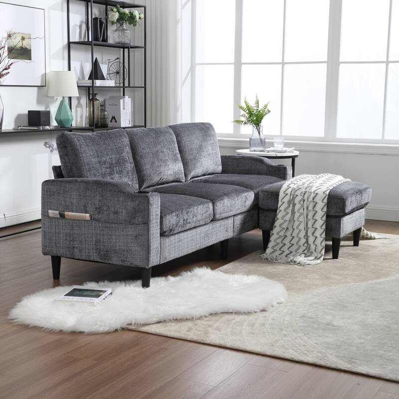 Modular Sectional Sofa with Storage Ottoman, Comfy Chenille Fabric Sofa, 3-Seater Sofa with Side Pockets & 2 Cup Holders