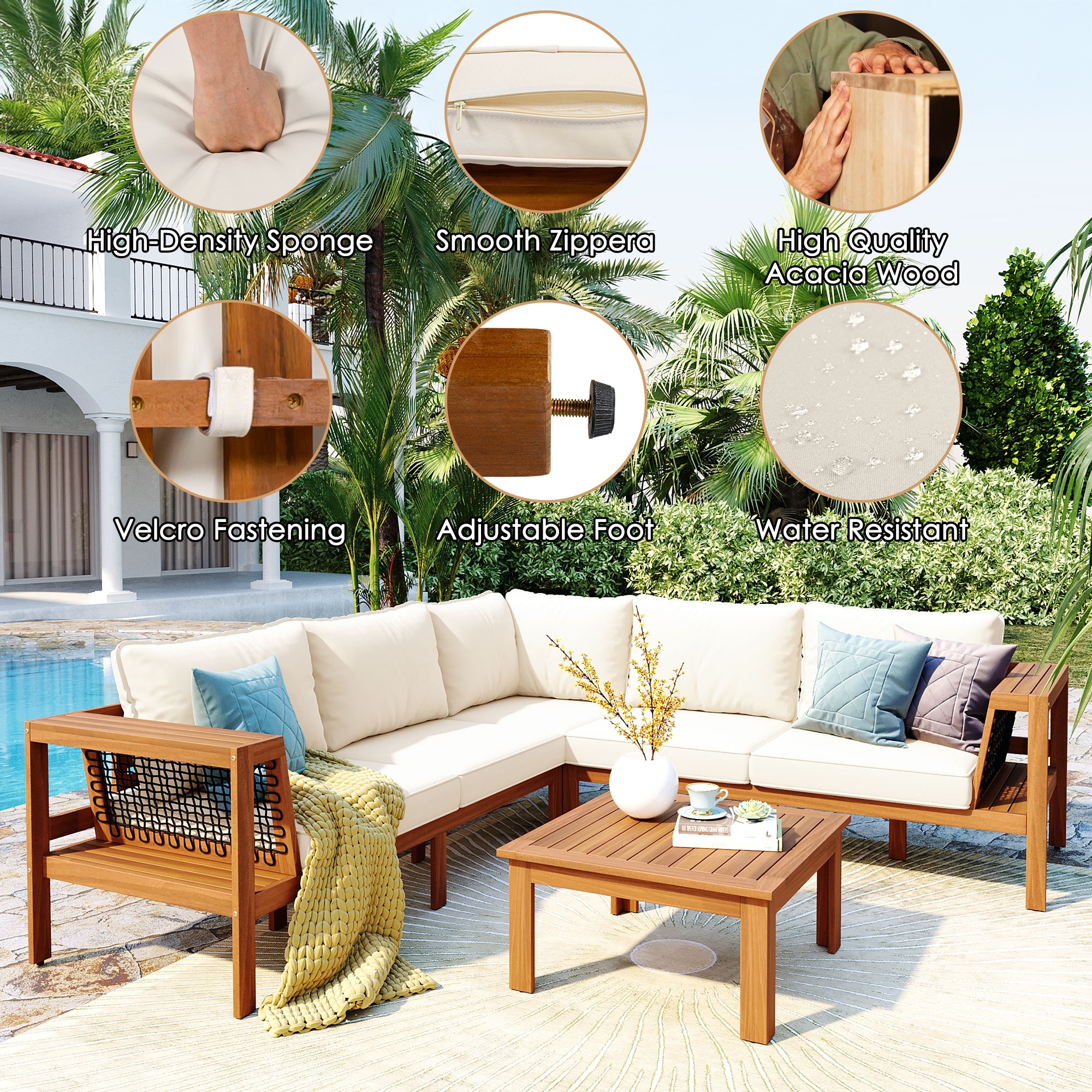 4-Pieces Outdoor Acacia Wood L-Shaped Sectional Sofa Set with