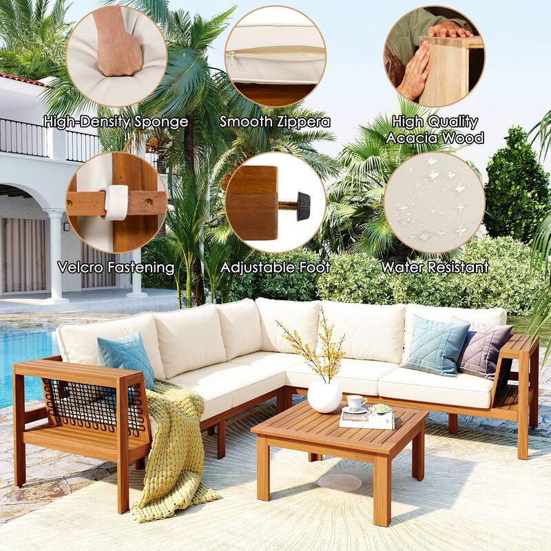 Exclusive 4-Piece Outdoor Acacia Wood Sectional Sofa Set with Woven Rope Armrests
