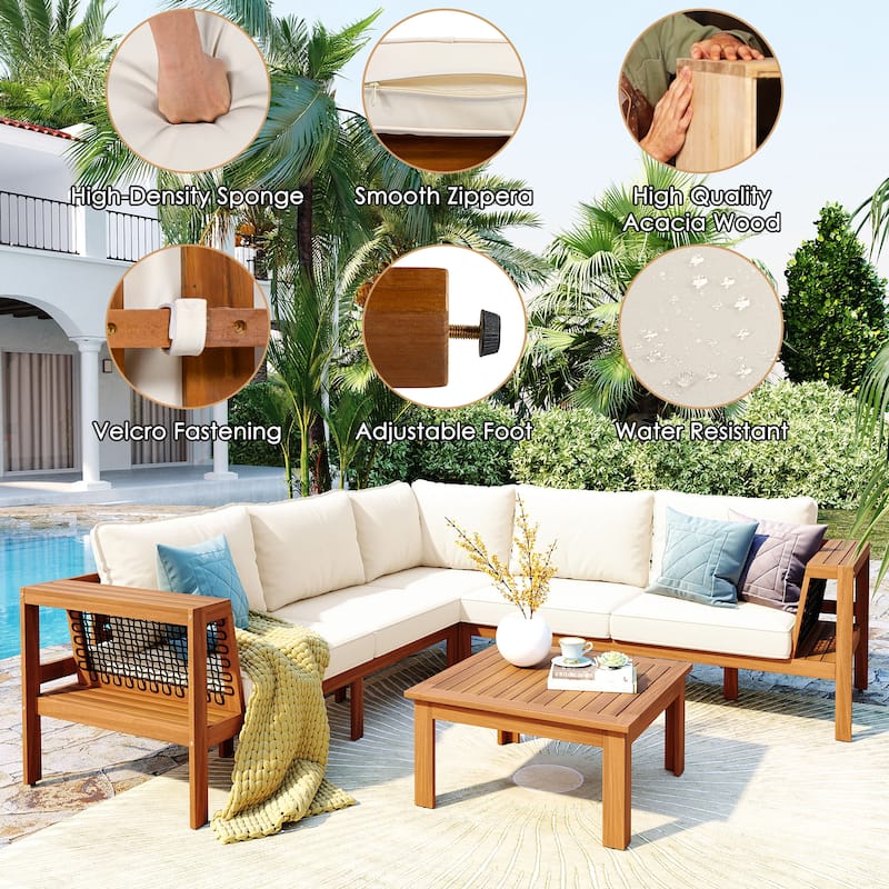 Roomfitters 4-Piece Outdoor Sectional Sofa Set with Coffee Table and Built-in Side Shelves, Wood Frame