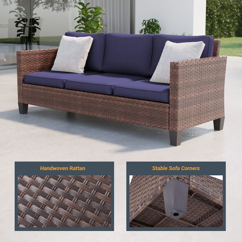 LIVOOSUN 3Pcs Patio Furniture Conversation Brown Rattan Patio Sofa Set