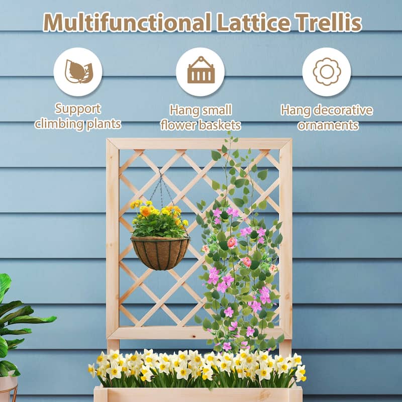 Costway 1/2 PCS 40" Tall Wooden Raised Garden Bed with Lattice Trellis - Natural