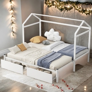 White Modern Kids Bed House Platform Bed with 2 Storage Drawers, Twin XL to King Design