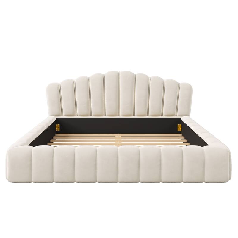 Velvet Upholstered Frame Floor Bed, Queen Size Platform Bed with Low Shell Shaped Wingback Headboard, Soft Frame Grounded Bed