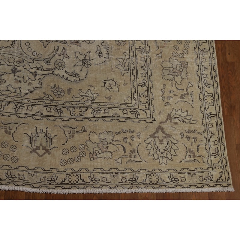 Floral Tabriz Persian Vintage Area Rug Handmade Beige Wool Carpet - 9'8" x 12'4"