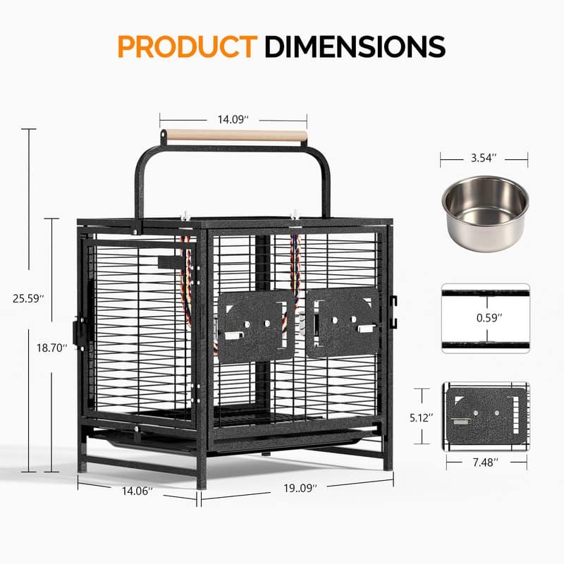 25in Wrought Iron Bird Cage, Portable Bird Travel Carrier, Cage with Handle for Small/Medium Birds