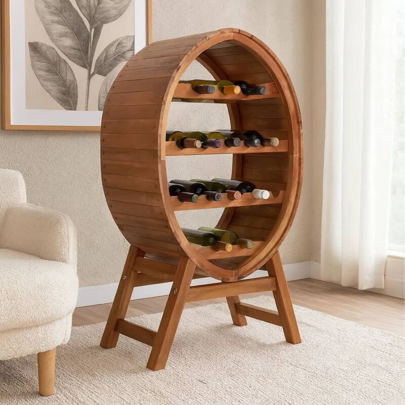 Oval Wine Rack, 13 Bottles, 35 Inch Tall Brown Solid Acacia Wood Frame