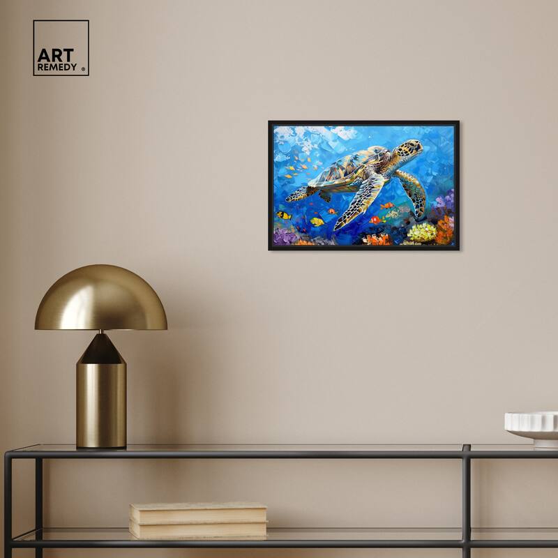 Art Remedy Turtle Swimming Framed Colorful Coastal 1 Piece Canvas Wall Art