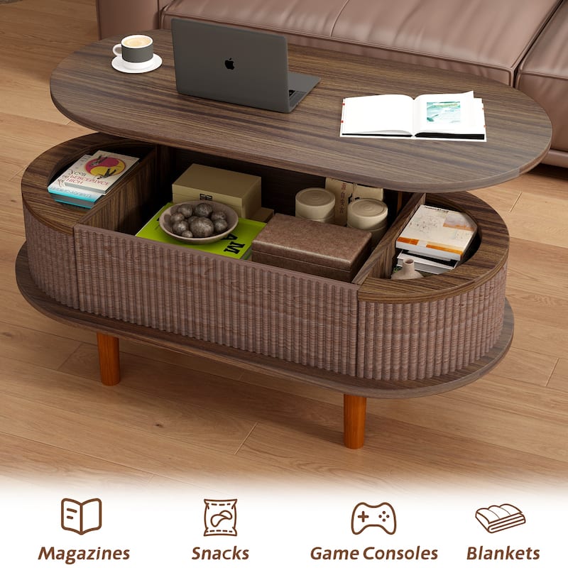 Fluted Lift Top Coffee Table with Hidden Compartment, Wooden Center Table, Modern Oval Lift Tabletop for Home Living Room