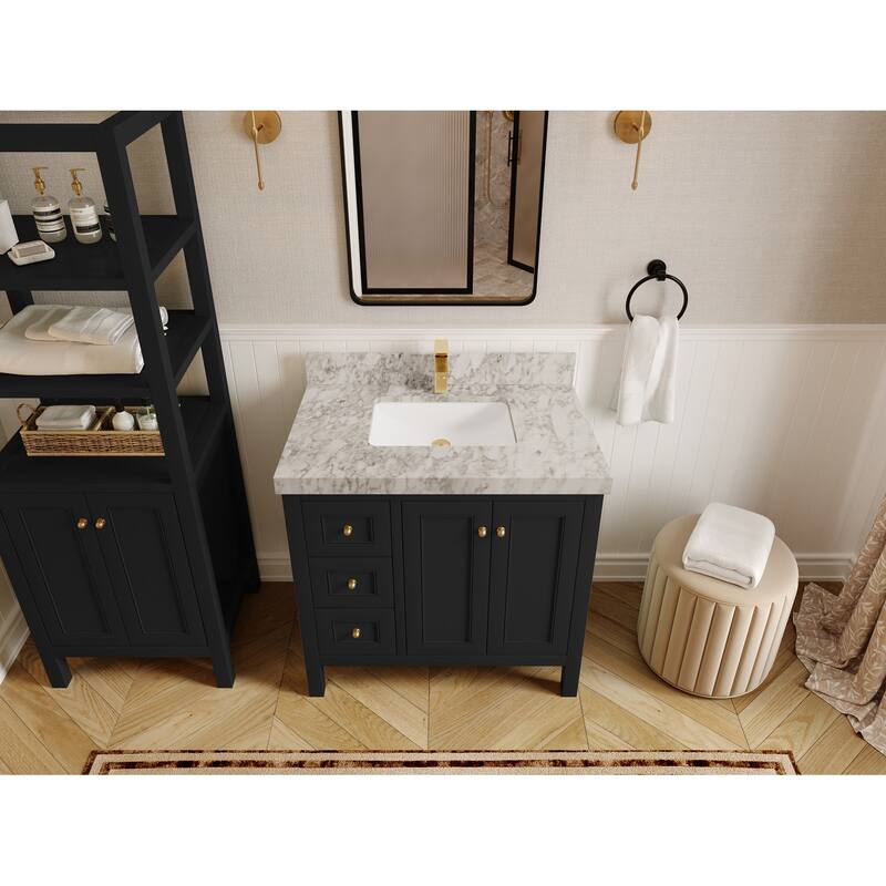 Willow Collections 36 in. W x 22 in. D Nashville Center Right Sink Bathroom Vanity with Countertop - 2”Carrara Marble - Black