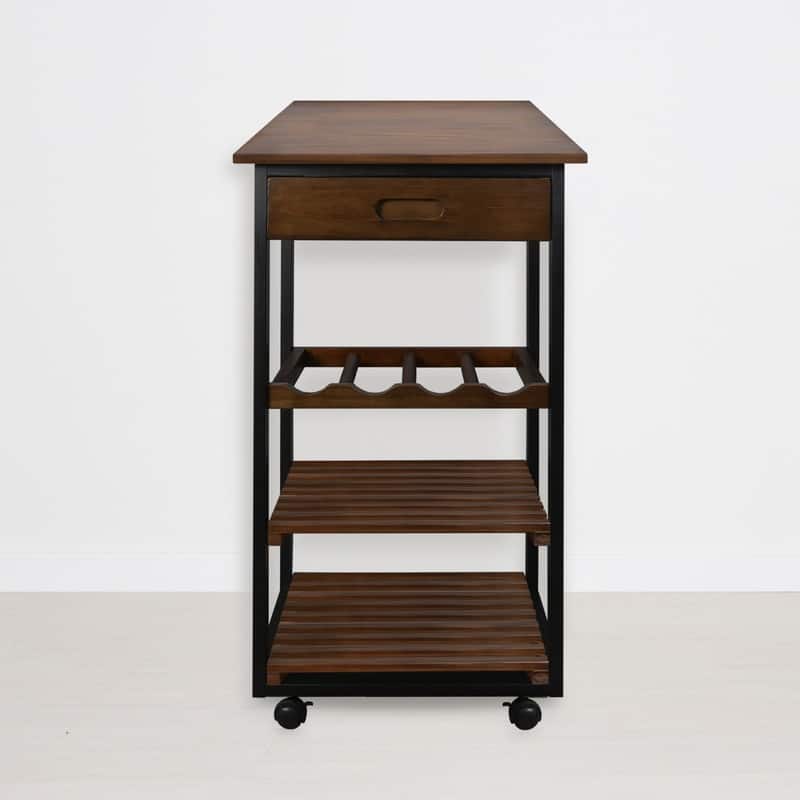 Solid Wood 4-Tier Rolling Kitchen Cart with Wine Rack and Drawer - Serving Cart