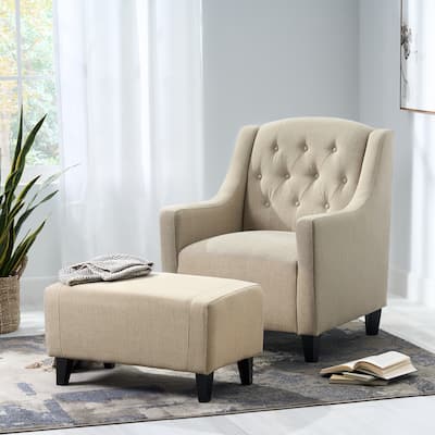 Beige Modern 29.6" Upholstered Button Tufted Arm Chair with Ottoman Set for Living Room
