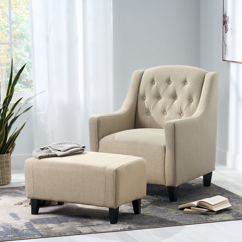 Modern 29.6" Upholstered Button Tufted Arm Chair with Ottoman Set for Living Room - Beige