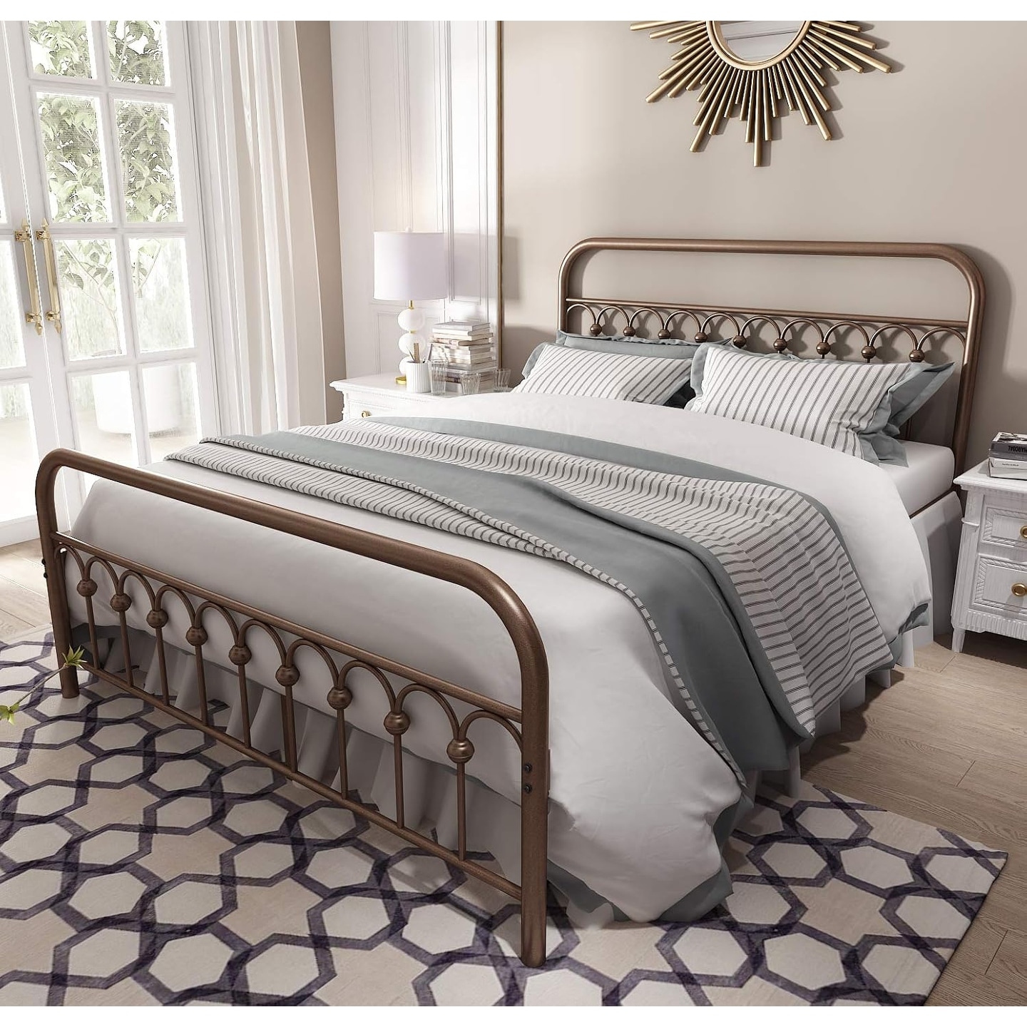 Vintage Queen Size Metal Bed Frame with Headboard and Footboard, No Box Spring Needed, Antique Brown