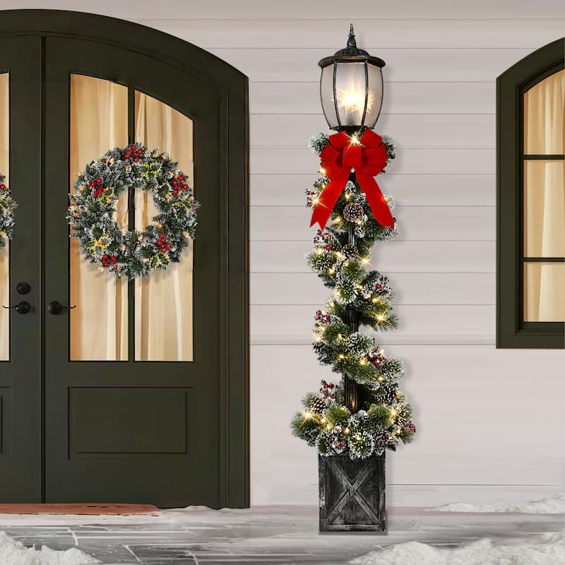Puleo International 7' Pre-Lit Lamp Post Christmas Holiday Decor with 100 Warm White Twinkling LED Lights in Decorated Pot