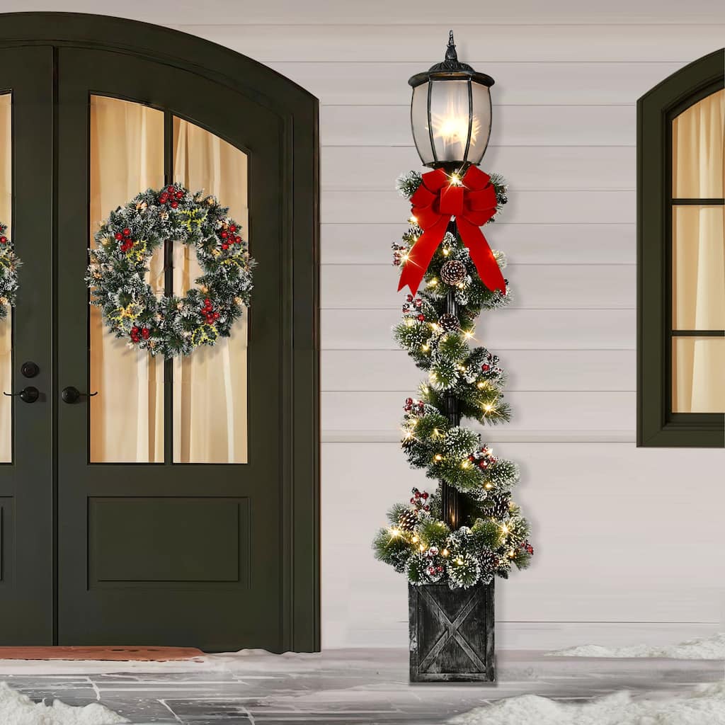 Puleo International 7' Pre-Lit Lamp Post Christmas Holiday Decor with 100 Warm White Twinkling LED Lights in Decorated Pot