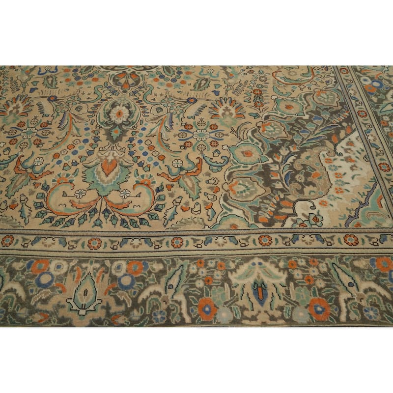 Hand Knotted Oriental 100% Wool Carpet Traditional Floral Beige & Ivories Tabriz Area Rug - 12' 5'' X 9' 10''