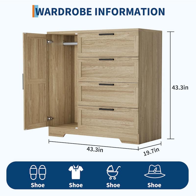 Wood Armoire Wardrobe Closet with 4 Drawers and Door, 43.3" H Bedroom Wardrobe Cabinet with Hanging Rod