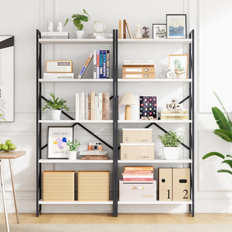 H-Shaped 5-Tier Storage Bookcase, 62.2" Tall Standing Bookshelf with Adjustable Feet