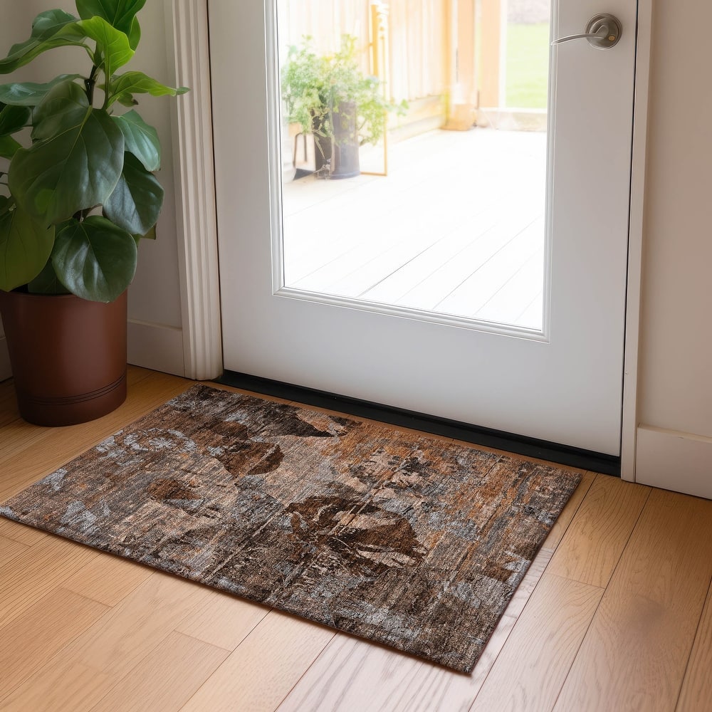Machine Washable Indoor/ Outdoor Abstract Leaves Chantille Rug