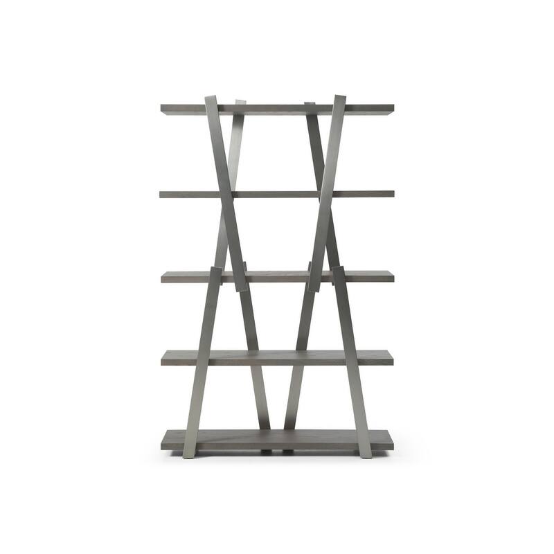HomeRoots 71" Gray And Silver Stainless Steel and Wood Four Tier Geometric Bookcase