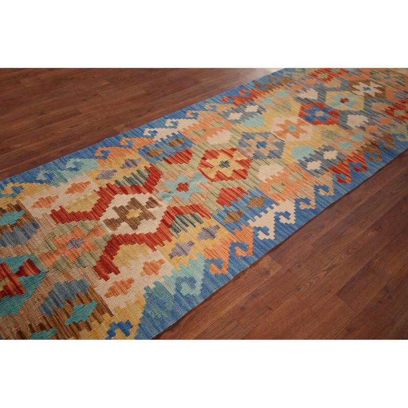 Geometric Kilim Reversible Runner Rug Flatweave Wool Carpet - 2'8"x 9'6"