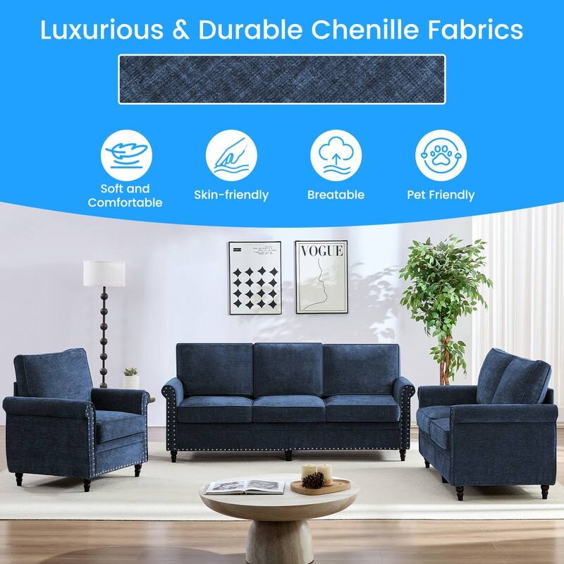 Mixoy 3Piece Chenille Living Room Sofa Set,Modern 3-Seater Sofa Couch&Loveseat Sofa&Single Sofa Armchair Set,Unique Riveted Look