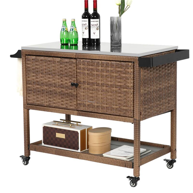 Rolling Rattan Bar Cart with Stainless Steel Table Top for Garden