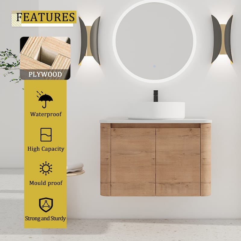 30'' Wall-Mounted Bathroom Vanity With Ceramic Art Sink & 2-Soft-Close Door, KD-Packing, Plywood