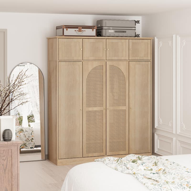 70.87" 8-Door Large Capacity Armoire Wardrobe Closet with Hanging Rod, Adjustable Shelves and Rattan Decorative Doors