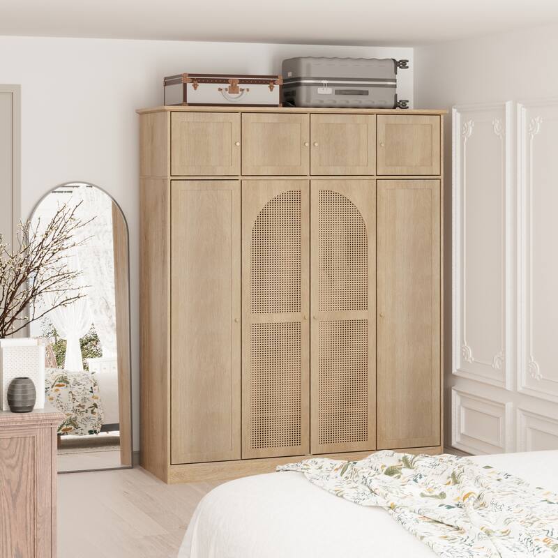 70.87" Large Armoire Wardrobe with 8 Rattan Doors - Adjustable Shelves & Hanging Rod for Bedroom, Walk-In Closet