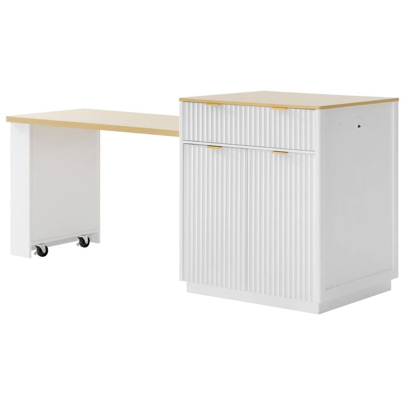 82.6" Fluted Kitchen Island with Extendable Table, Power Outlet & Storage for 4-6